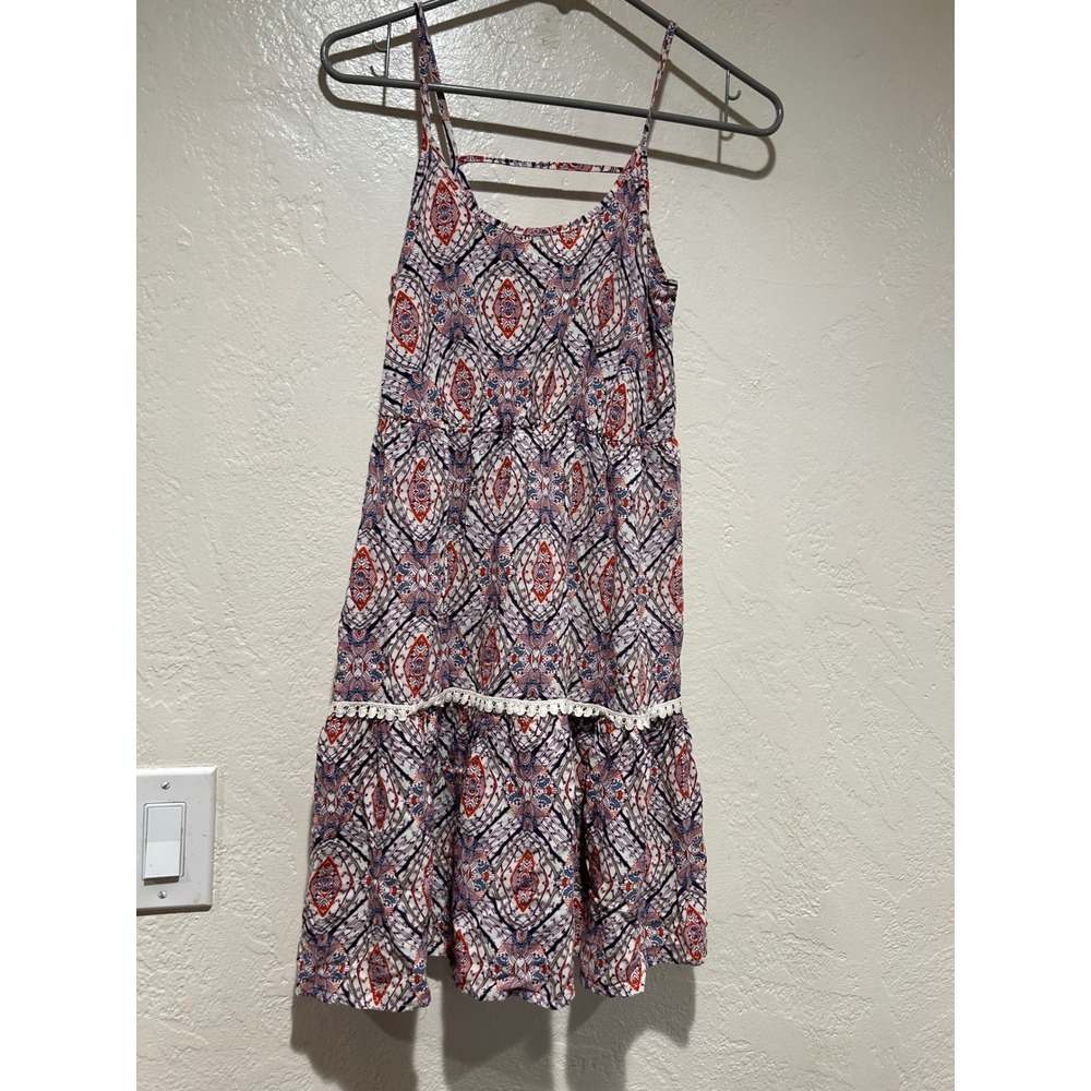 Mossimo Supply‎ Co Womens Small Boho Geometric Print Tiered Pom Pom Sundress Red